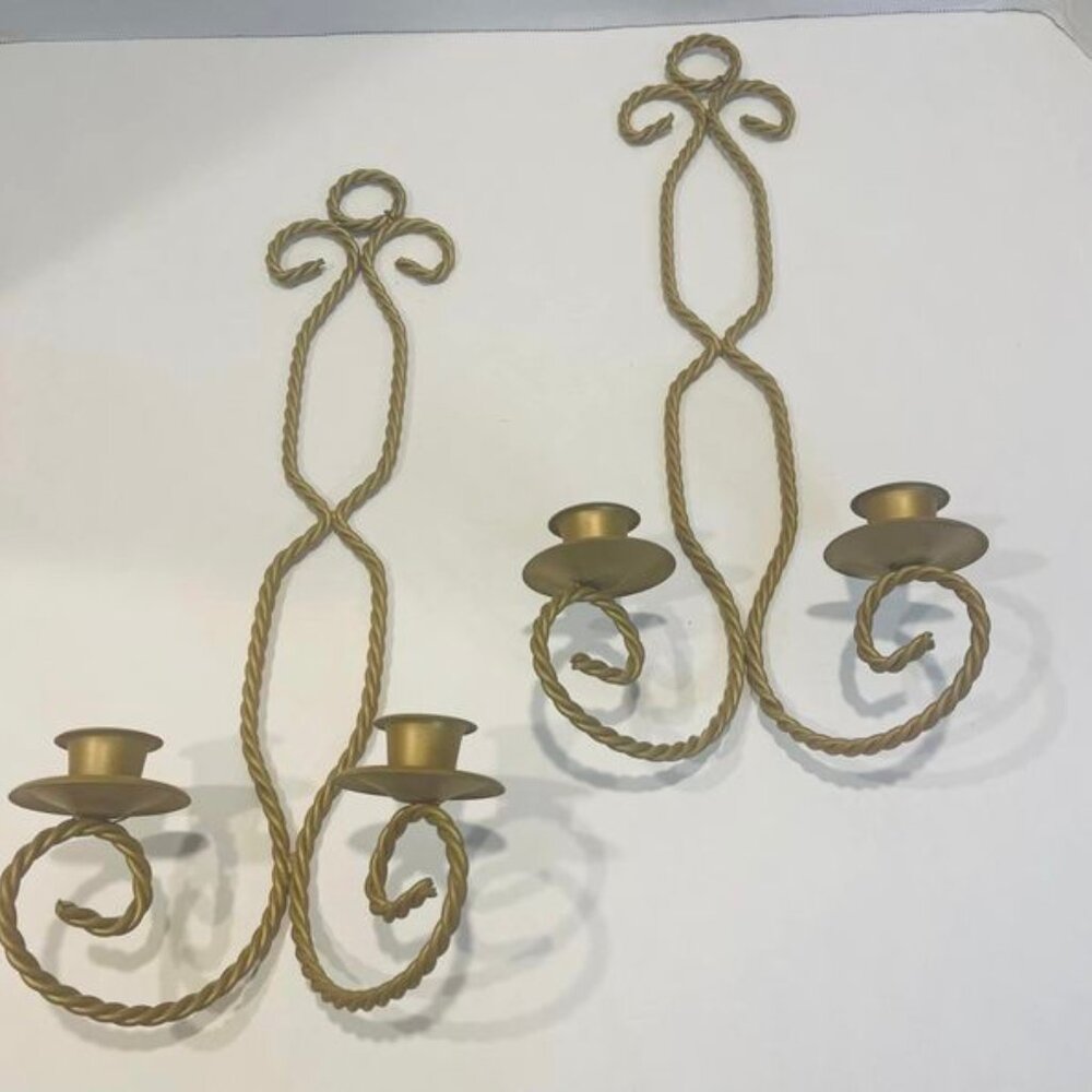 Gold Tone Twisted Metal Wire Double Candle Holder Wall Sconce Home Interiors~SET